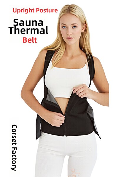 KORSEFABRİKA Slimming Corset with Upright Posture Straps and Zipper Sauna Eff...