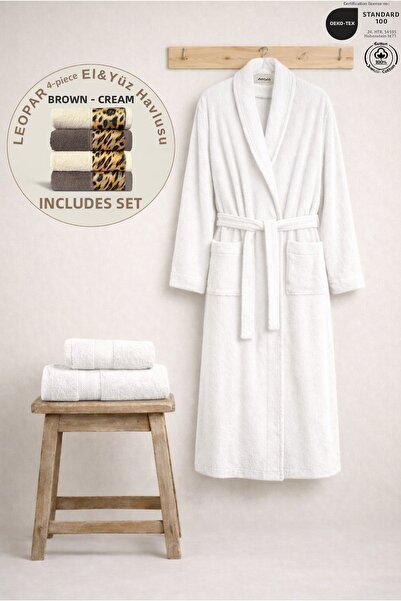 Ellaline 3-Piece Women's Shawl Bathrobe Set 100% Cotton Certified +Leopar 4-P...