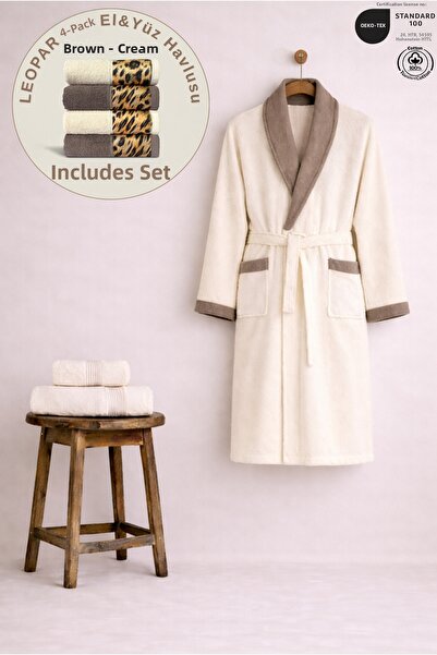 Ellaline 3-Piece Women's Contrast Bathrobe Set 100% Cotton Certified + Leopar...