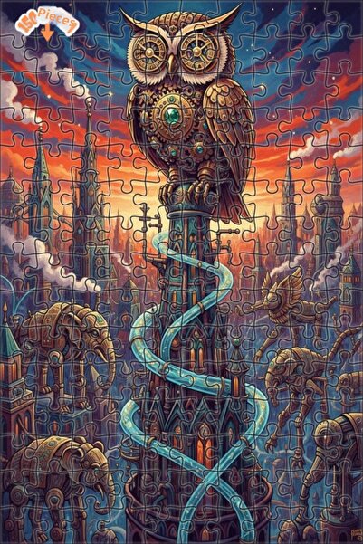 Esranın Dünyası Owl with Steam Clock and Mechanical Elephant Herd Double-Laye...