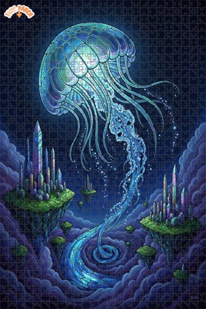 Esranın Dünyası Fantastic Jellyfish City Oil Painting Look Wooden Puzzle 1000...