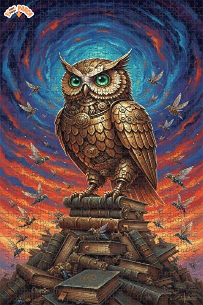 Esranın Dünyası Mechanical Owl Steampunk Art Book Stack Double-Layer Framed W...