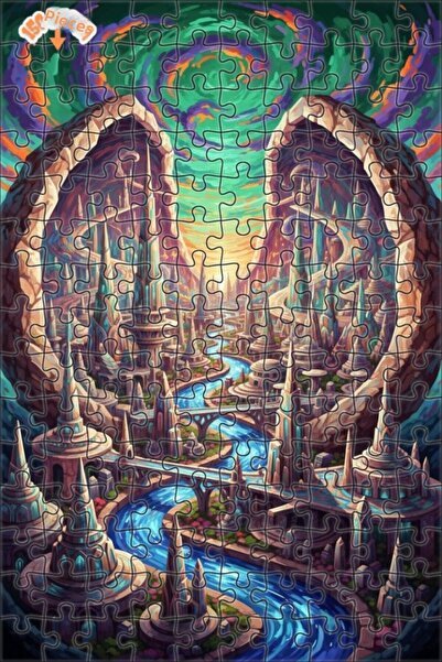 Esranın Dünyası Fantastic Cityscape Watercolor Look Double Layer Framed Woode...