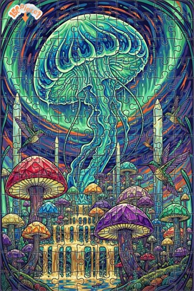 Esranın Dünyası Fantastic Jellyfish and Colorful Mushroom Forest Wooden Puzzl...