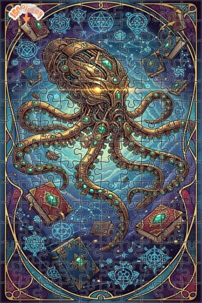 Esranın Dünyası Mechanical Octopus and Magical Books Double-Layer Framed Wood...