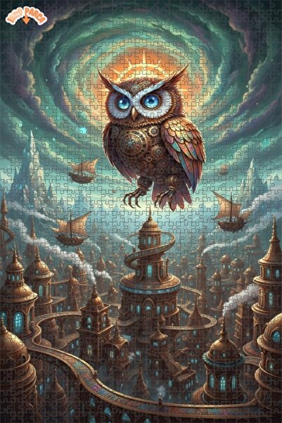 Esranın Dünyası Mechanical Owl Futuristic Cityscape Oil Painted Double-Layer ...