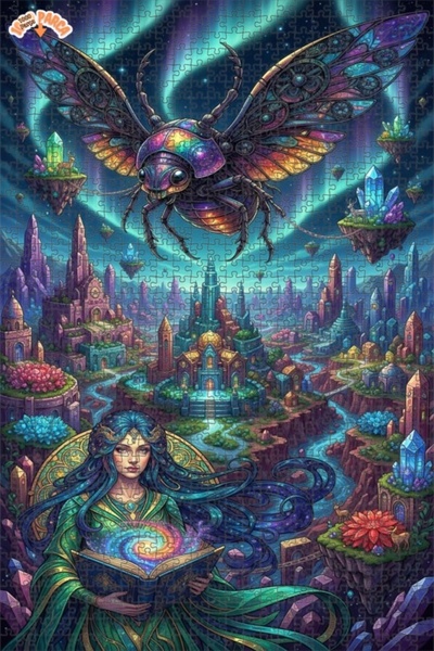 Esranın Dünyası Fantastic Woman and Colorful Insect Double-Layer Framed Woode...