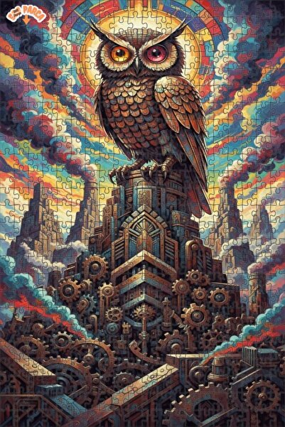 Esranın Dünyası Mystical Owl Steampunk City Oil Painting Lookalike Double-Lay...