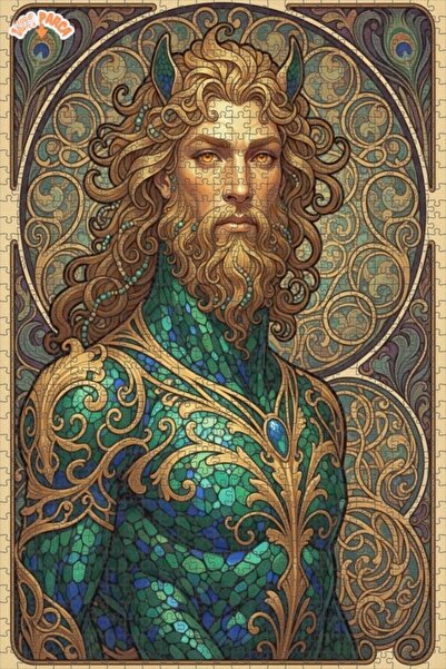 Esranın Dünyası Poseidon Golden Moss Patterned Oil Painting Look Wooden Puzzl...