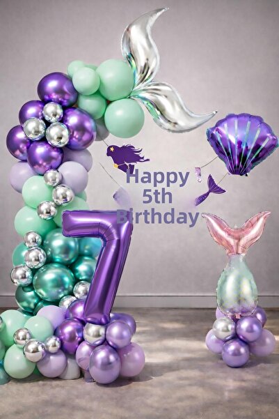 Patladı Gitti Mermaid Themed 7Th Birthday Balloon Decoration Set – Purple Lil...