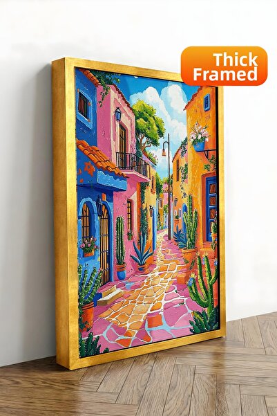 Zestia Tablou pe pânză înrămat cu aur, Străzi colorate din Marea Mediterană, ...
