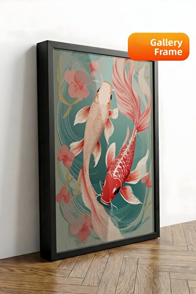 Zestia Εικονογράφηση ψαριών Koi σε καμβά με μαύρο πλαίσιο, Σειρά Premium Αρ. ...