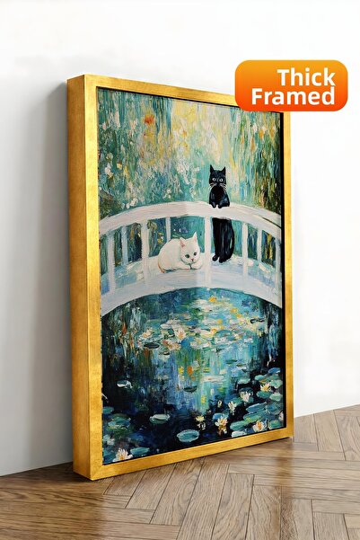 Zestia Tablou pe pânză înrămat cu aur pisică și Pod în stil Monet Seria Premi...