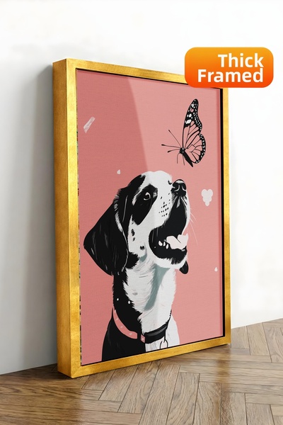 Zestia Εκτύπωση σε καμβά με χρυσό πλαίσιο, Σειρά Premium Σκύλος και Πεταλούδα...