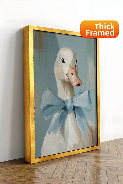 Zestia Εκτύπωση σε καμβά με χρυσό πλαίσιο, Χαριτωμένη πάπια με φιόγκο, Ελαιογ...