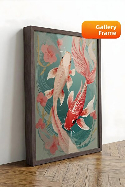 Zestia Εικονογράφηση ψαριών Koi σε καμβά με καφέ πλαίσιο, Σειρά Premium Αρ. 1...