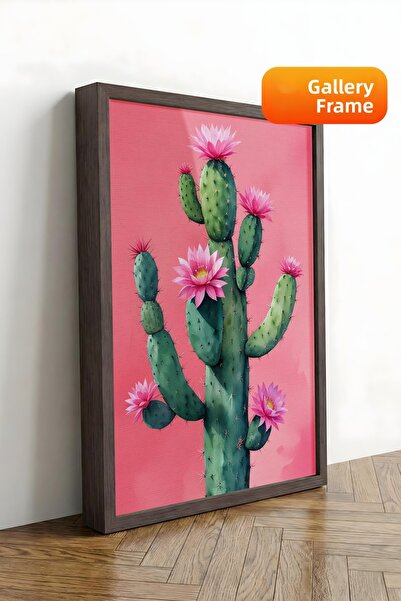 Zestia Καφέ πλαισιωμένος πίνακας σε καμβά με ροζ κάκτο, Σειρά Minimal Premium...