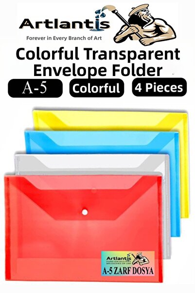 Artlantis Dosar cu închidere prin apăsare A5, plic transparent colorat, 4 cul...