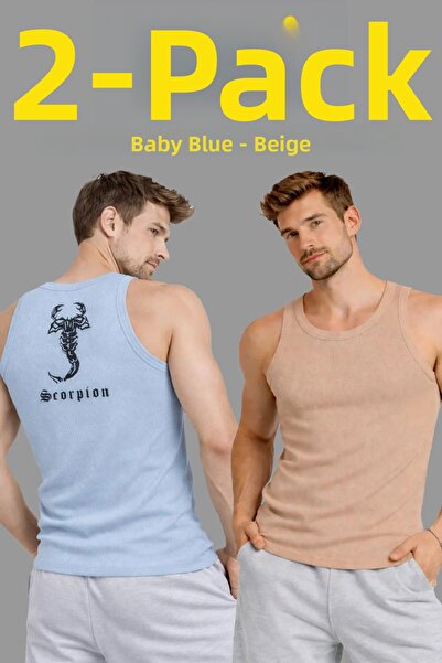 LUMİART Men's Sports Ribbed Undershirt Set of 2 Brown Baby Blue Slim Fit Cami...