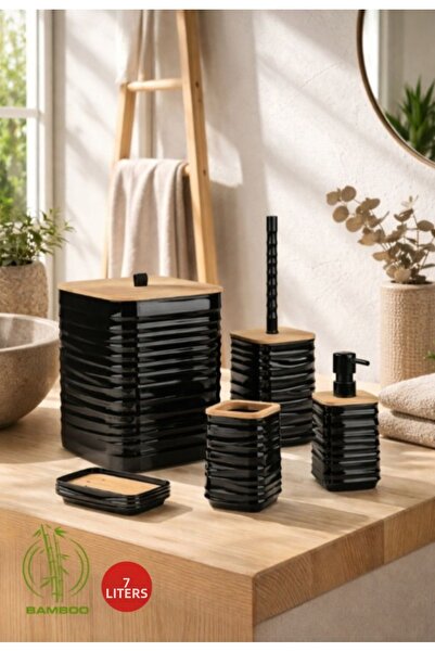 Okyanus Home Luna Black Bamboo Detailed 5-Piece Bathroom Set