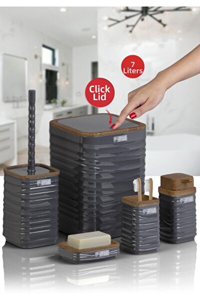 Okyanus Home طقم حمام لونا أنثراسايت خشبي منقوش مربع 5-قطع 7 لتر