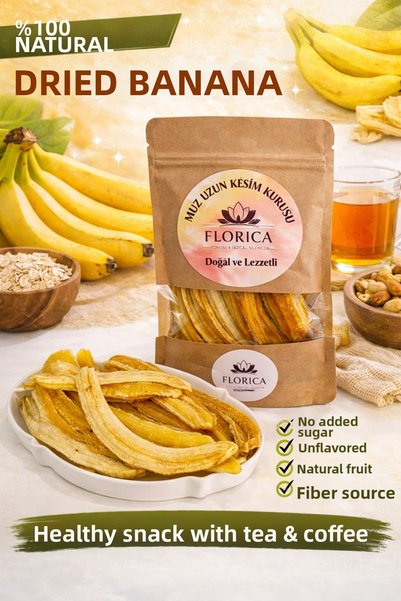 FLORİCA TOHUM & DOĞAL BESİNLER 50 جرام من الموز المجفف طويل القطع، خالٍ من ال...