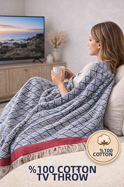 Ascotton 100% Cotton Woven Tv Blanket Si – 130X170 cm (Dark Blue-Red)