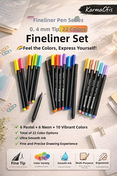 KarmaOfis 22 Colors Fineliner Pen Set 0.4 mm Neon, Pastel, Vibrant Fine Tip D...