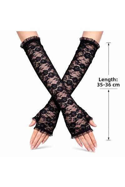 Mustran قفازات طويلة أنيقة دانتيل بدون أصابع باللون الأسود 35 سم