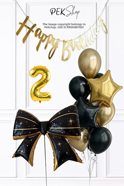PEKSHOP Black Gold Theme Birthday Balloon Set with Bow, Star and Balloon Banner