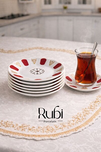 RUBİ PORSELEN Porcelain Material 6-Piece Red Tea Plate Set Unbreakable Qualit...