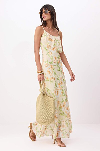 Trendyol Collection Yellow Floral A-Line/Bell Form Spaghetti Strap V Ruffled ...