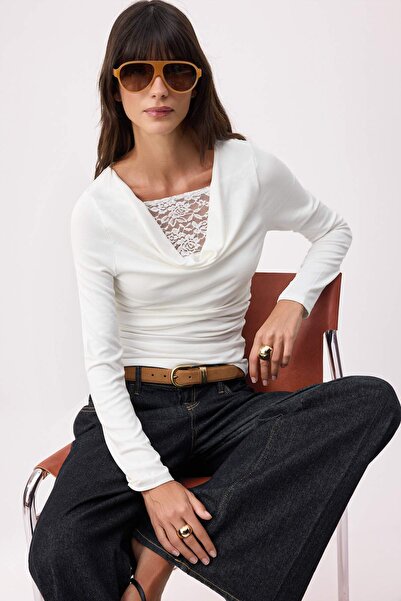 Trendyol Collection Ecru Regular/Normal Fit Degaje-Kragen Langarm-Bluse aus w...