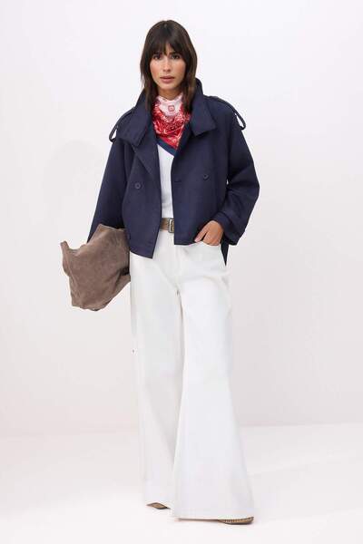 Trendyol Collection Marineblauer, kurzer Wildleder-Trenchcoat mit normalem St...