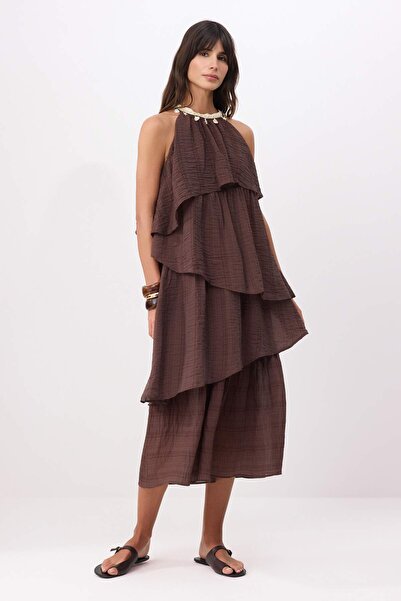 Trendyol Collection Brown Woven Dress with Sea Shell Accessories Twoss26El00665