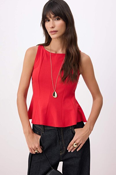 Trendyol Collection Bluză roșie cu peplum și talie ajustată, cu decolteu bărc...