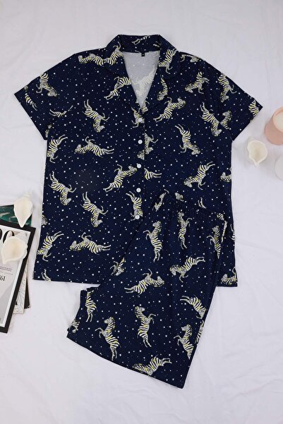 Trendyol Curve Navy Blue Zebra Patterned Shirt Collar Knitted Large Size Paja...