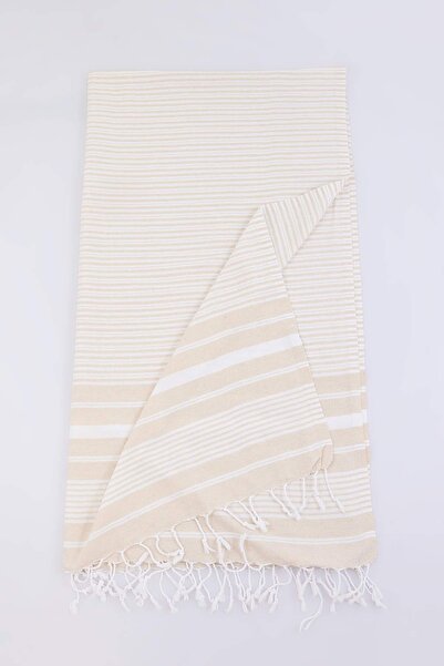 TRENDYOLMİLLA HOME Beige-White Striped Tasseled Peshtemal 100X180Cm Tphss26Ps...