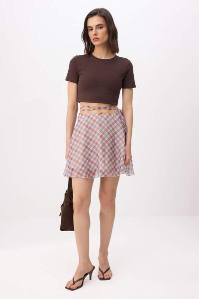 Trendyol Collection Stone-Multicolor Plaid Chiffon Lined Mini Flared Skirt Tw...