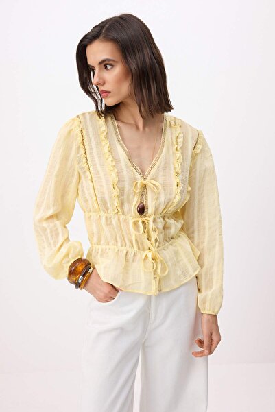 Trendyol Collection Cămașă Boho galben deschis cu pisică trepte ușor transpar...