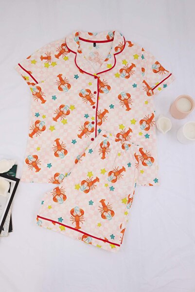 Trendyol Curve Pink Lobster Pattern Knitted Plus Size Pajama Set Tbbss26Ai00042