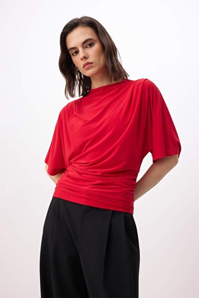 Trendyol Collection Bluză tricotată elastică, roșie, cu decolteu bărcuță și m...