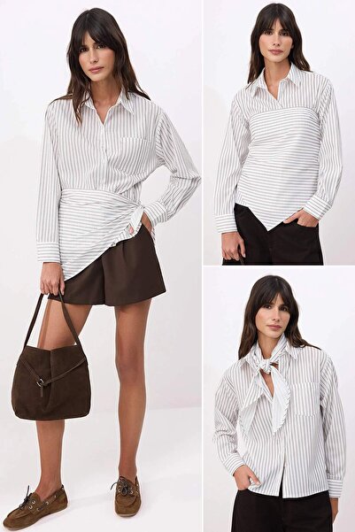 ترينديول كوليكشن قميص أبيض متعدد الألوان بتفاصيل وشاح قابل للإزالة TWOSS26GO0...