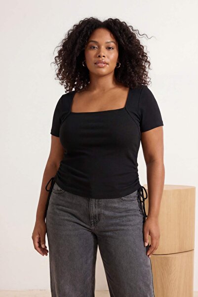 Trendyol Curve Black Square Neck Gathered Camisole Knitted Plus Size Blouse T...