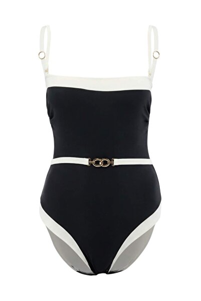 Trendyol Collection Black Strapless Covered Color Block Belt Detail Regular S...