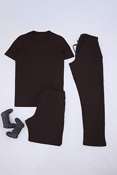 Trendyol Collection Dark Brown 3-Piece Regular/Normal Fit T-Shirt, Sweatpants...