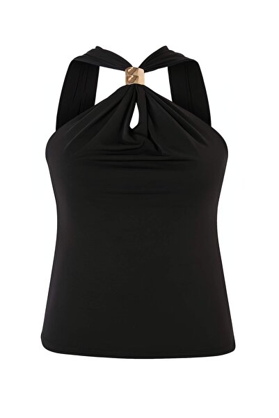 Trendyol Curve Black Accessory Detailed Gathered Knitted Plus Size Blouse Tbb...