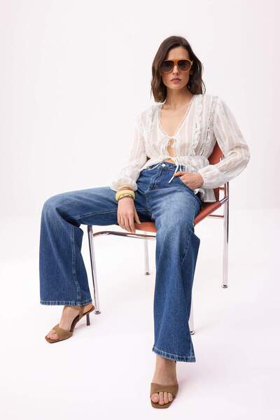 ترينديول كوليكشن بنطلون جينز أزرق داكن بخصر عالٍ 100% قطن طويل واسع الساقين T...