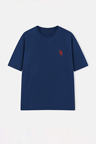 Trendyol Collection Navy Blue Lobster Embroidered Oversize/Relaxed Cut 100% C...