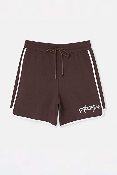 Trendyol Curve Brown Slogan Printed Piped Detail Knitted Plus Size Shorts & B...